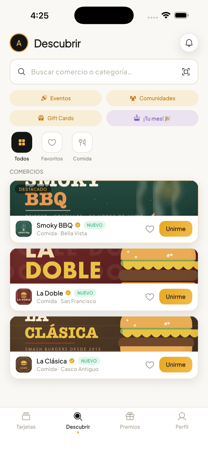 Pantalla Descubrir de la app FIDO con comercios de la ciudad
