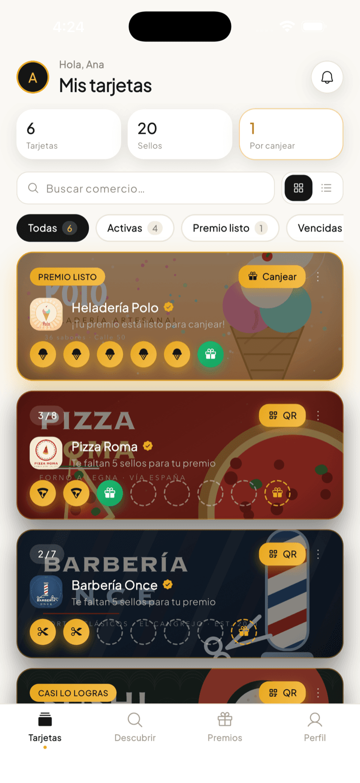 Pantalla Mis tarjetas de la app FIDO