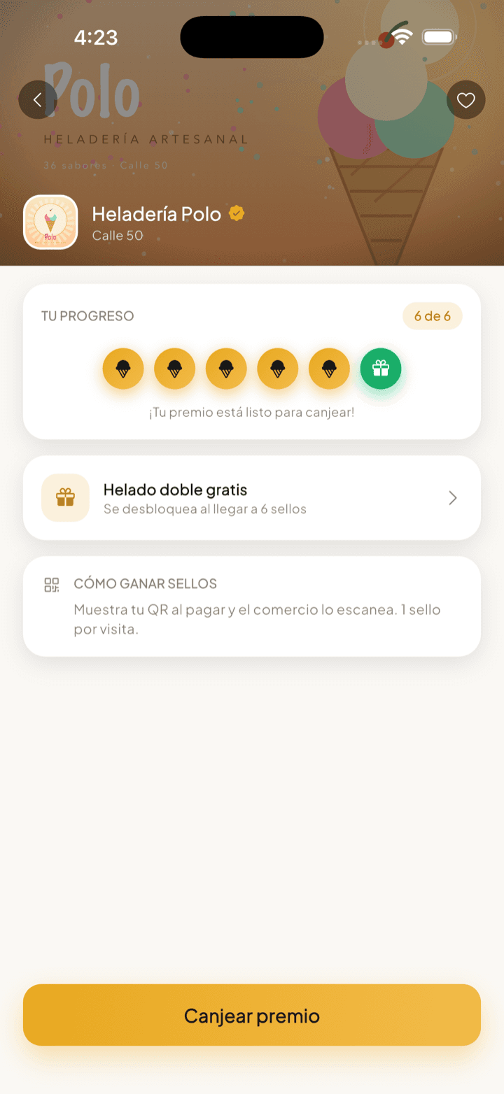 Tarjeta de sellos de un comercio en la app FIDO, con el premio listo para canjear